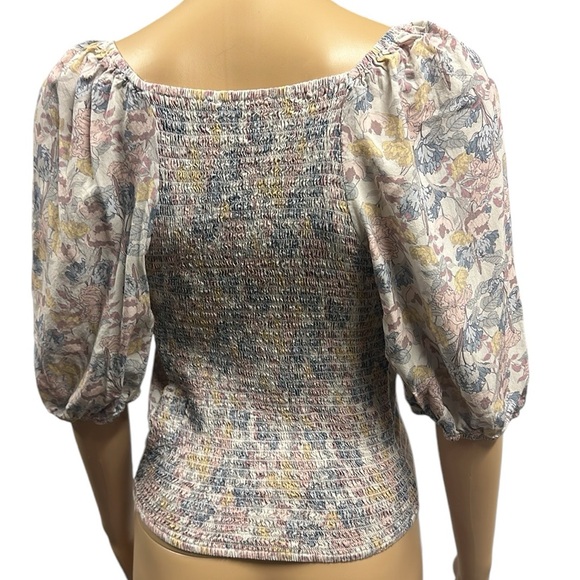 Bohme Floral Faux Button Front Smocked Back Balloon Half Sleeve Top Small - Picture 3 of 8